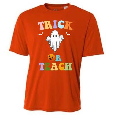 Groovy Teacher Halloween Trick Or Teach Retro Floral Ghost Great Gift Cooling Performance Crew T-Shirt