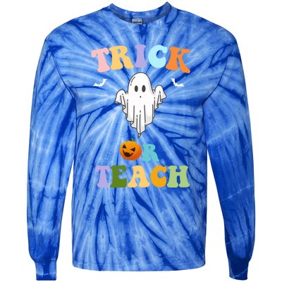 Groovy Teacher Halloween Trick Or Teach Retro Floral Ghost Great Gift Tie-Dye Long Sleeve Shirt