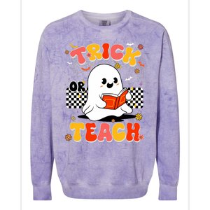 Groovy Teacher Halloween Retro Trick Or Teach Floral Ghost Colorblast Crewneck Sweatshirt