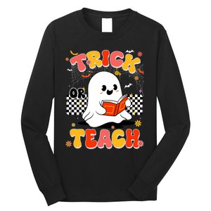 Groovy Teacher Halloween Retro Trick Or Teach Floral Ghost Long Sleeve Shirt