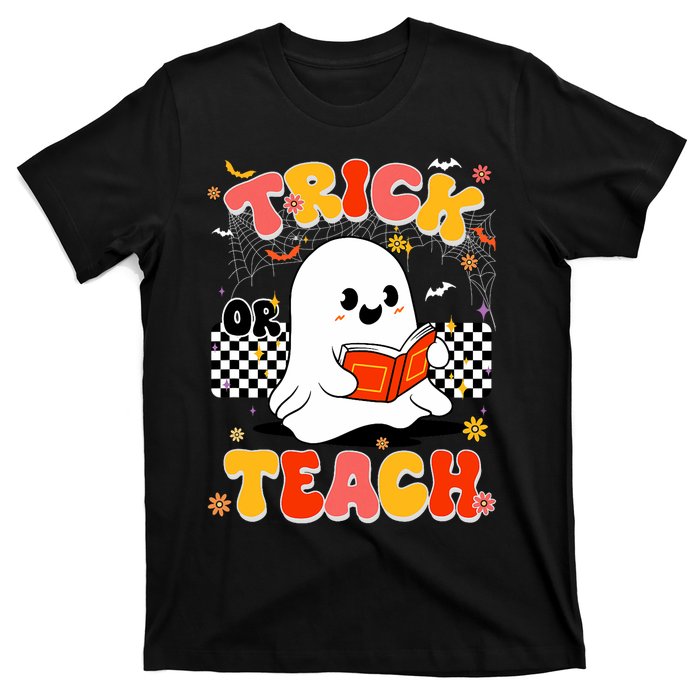 Groovy Teacher Halloween Retro Trick Or Teach Floral Ghost T-Shirt