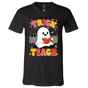 Groovy Teacher Halloween Retro Trick Or Teach Floral Ghost V-Neck T-Shirt