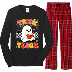 Groovy Teacher Halloween Retro Trick Or Teach Floral Ghost Long Sleeve Pajama Set