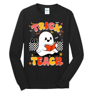 Groovy Teacher Halloween Retro Trick Or Teach Floral Ghost Tall Long Sleeve T-Shirt