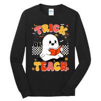 Groovy Teacher Halloween Retro Trick Or Teach Floral Ghost Tall Long Sleeve T-Shirt