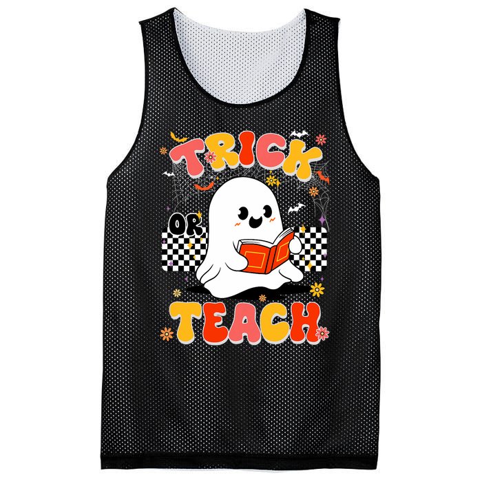 Groovy Teacher Halloween Retro Trick Or Teach Floral Ghost Mesh Reversible Basketball Jersey Tank