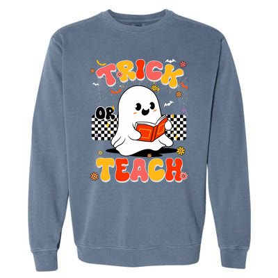 Groovy Teacher Halloween Retro Trick Or Teach Floral Ghost Garment-Dyed Sweatshirt