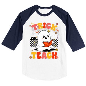 Groovy Teacher Halloween Retro Trick Or Teach Floral Ghost Baseball Sleeve Shirt