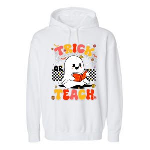 Groovy Teacher Halloween Retro Trick Or Teach Floral Ghost Garment-Dyed Fleece Hoodie