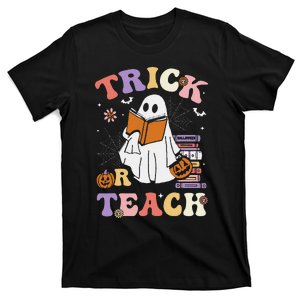 Groovy Teacher Halloween Retro Trick Or Teach Ghost Reading T-Shirt