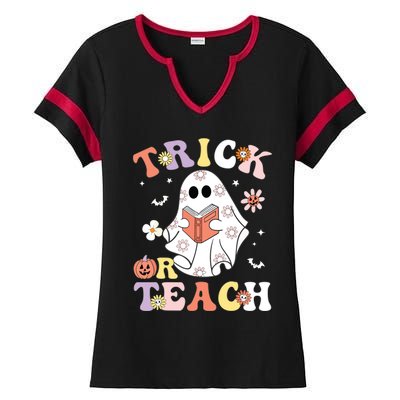 Groovy Teacher Halloween Trick Or Teach Retro Floral Ghost Ladies Halftime Notch Neck Tee