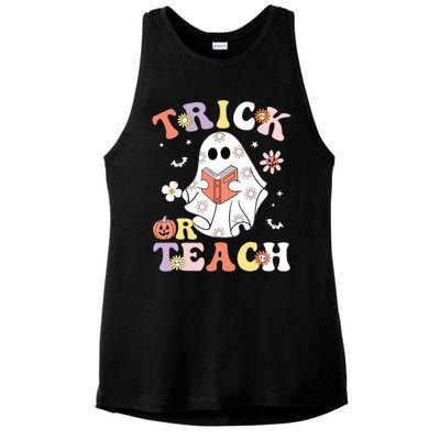 Groovy Teacher Halloween Trick Or Teach Retro Floral Ghost Ladies PosiCharge Tri-Blend Wicking Tank