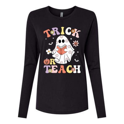 Groovy Teacher Halloween Trick Or Teach Retro Floral Ghost Womens Cotton Relaxed Long Sleeve T-Shirt