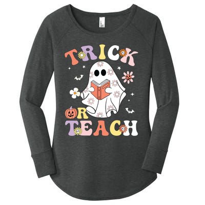 Groovy Teacher Halloween Trick Or Teach Retro Floral Ghost Women's Perfect Tri Tunic Long Sleeve Shirt