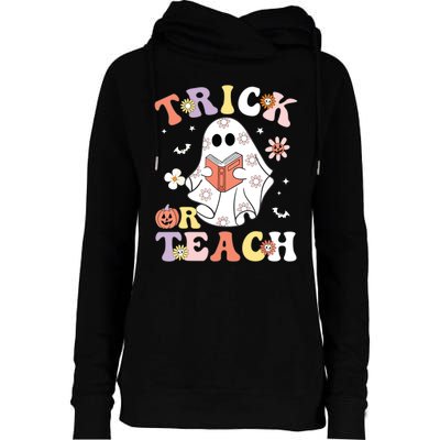 Groovy Teacher Halloween Trick Or Teach Retro Floral Ghost Womens Funnel Neck Pullover Hood