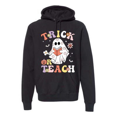 Groovy Teacher Halloween Trick Or Teach Retro Floral Ghost Premium Hoodie