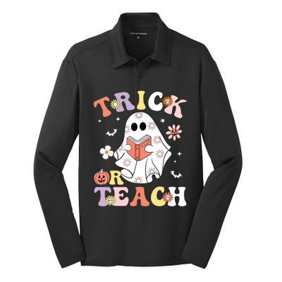 Groovy Teacher Halloween Trick Or Teach Retro Floral Ghost Silk Touch Performance Long Sleeve Polo