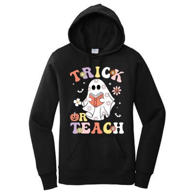 Groovy Teacher Halloween Trick Or Teach Retro Floral Ghost Women's Pullover Hoodie