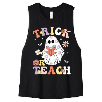 Groovy Teacher Halloween Trick Or Teach Retro Floral Ghost Women's Racerback Cropped Tank