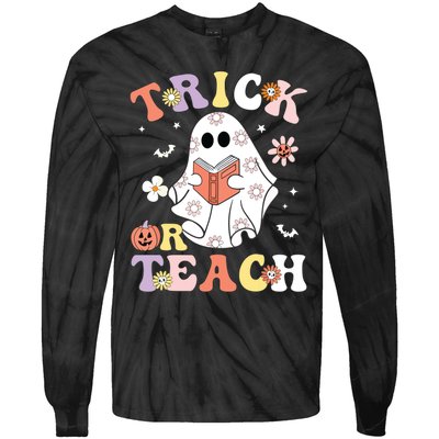 Groovy Teacher Halloween Trick Or Teach Retro Floral Ghost Tie-Dye Long Sleeve Shirt