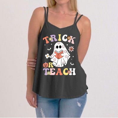 Groovy Teacher Halloween Trick Or Teach Retro Floral Ghost Women's Strappy Tank