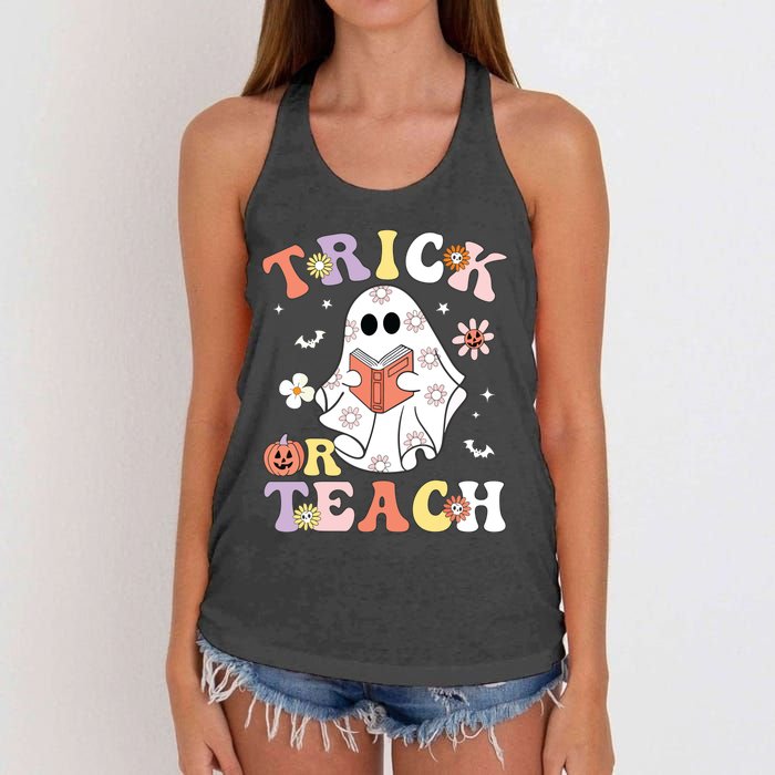 Groovy Teacher Halloween Trick Or Teach Retro Floral Ghost Women's Knotted Racerback Tank