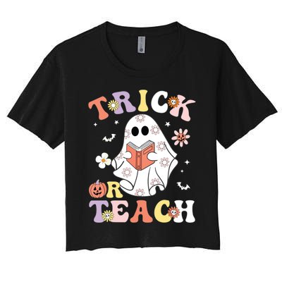 Groovy Teacher Halloween Trick Or Teach Retro Floral Ghost Women's Crop Top Tee