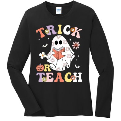 Groovy Teacher Halloween Trick Or Teach Retro Floral Ghost Ladies Long Sleeve Shirt