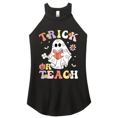 Groovy Teacher Halloween Trick Or Teach Retro Floral Ghost Women's Perfect Tri Rocker Tank