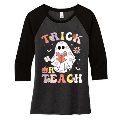 Groovy Teacher Halloween Trick Or Teach Retro Floral Ghost Women's Tri-Blend 3/4-Sleeve Raglan Shirt