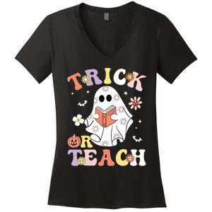 Groovy Teacher Halloween Trick Or Teach Retro Floral Ghost Women's V-Neck T-Shirt