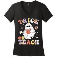 Groovy Teacher Halloween Trick Or Teach Retro Floral Ghost Women's V-Neck T-Shirt