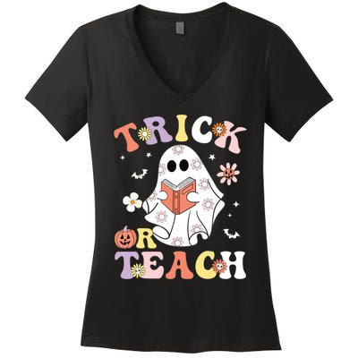 Groovy Teacher Halloween Trick Or Teach Retro Floral Ghost Women's V-Neck T-Shirt