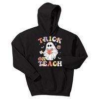 Groovy Teacher Halloween Trick Or Teach Retro Floral Ghost Kids Hoodie