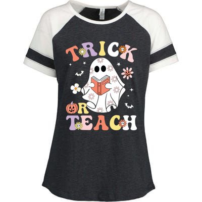 Groovy Teacher Halloween Trick Or Teach Retro Floral Ghost Enza Ladies Jersey Colorblock Tee