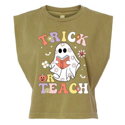 Groovy Teacher Halloween Trick Or Teach Retro Floral Ghost Garment-Dyed Women's Muscle Tee