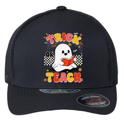 Groovy Teacher Halloween Retro Trick Or Teach Floral Ghost Flexfit Unipanel Trucker Cap