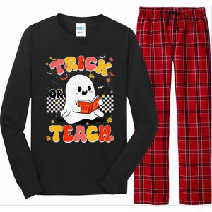 Groovy Teacher Halloween Retro Trick Or Teach Floral Ghost Long Sleeve Pajama Set