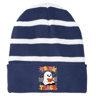 Groovy Teacher Halloween Retro Trick Or Teach Floral Ghost Striped Beanie with Solid Band