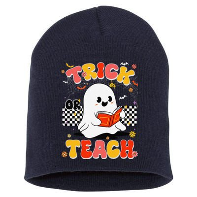 Groovy Teacher Halloween Retro Trick Or Teach Floral Ghost Short Acrylic Beanie