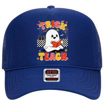 Groovy Teacher Halloween Retro Trick Or Teach Floral Ghost High Crown Mesh Back Trucker Hat