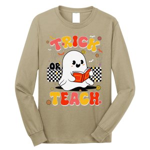 Groovy Teacher Halloween Retro Trick Or Teach Floral Ghost Long Sleeve Shirt