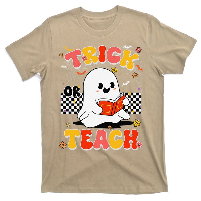 Groovy Teacher Halloween Retro Trick Or Teach Floral Ghost T-Shirt