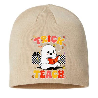 Groovy Teacher Halloween Retro Trick Or Teach Floral Ghost Sustainable Beanie