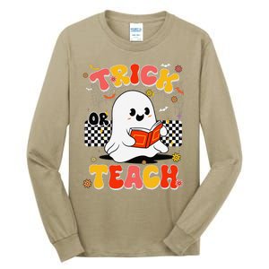 Groovy Teacher Halloween Retro Trick Or Teach Floral Ghost Tall Long Sleeve T-Shirt