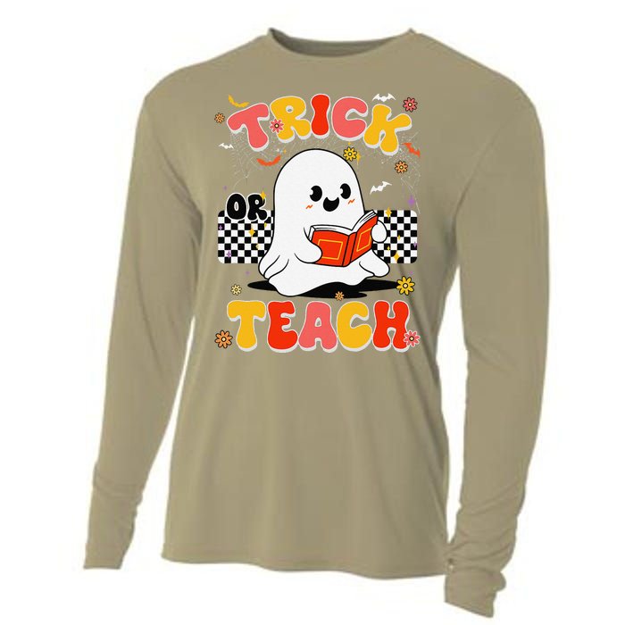 Groovy Teacher Halloween Retro Trick Or Teach Floral Ghost Cooling Performance Long Sleeve Crew