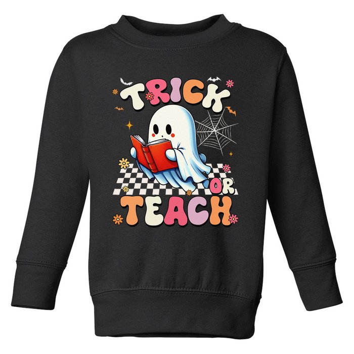 Groovy Teacher Halloween Retro Trick Or Teach Floral Ghost Gift Toddler Sweatshirt