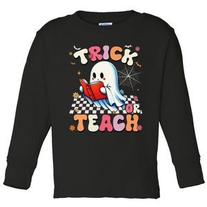 Groovy Teacher Halloween Retro Trick Or Teach Floral Ghost Gift Toddler Long Sleeve Shirt