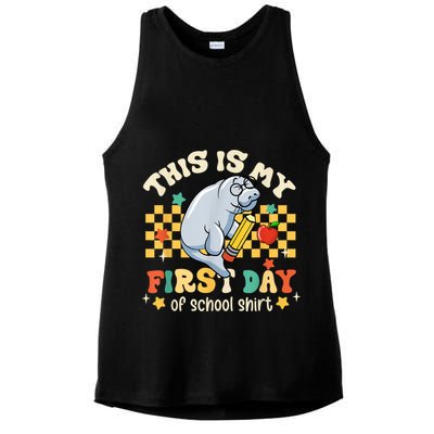 Groovy This Is My First Day Of School Funny Manatee Gifts Ladies PosiCharge Tri-Blend Wicking Tank