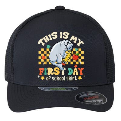 Groovy This Is My First Day Of School Funny Manatee Gifts Flexfit Unipanel Trucker Cap